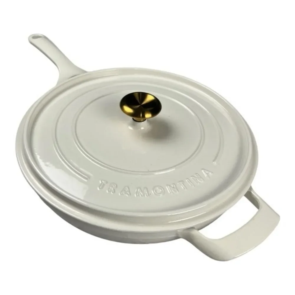 Tramontina 12 Inch Enameled Cast Iron Skillet & Covered Lid • White / Gold • New